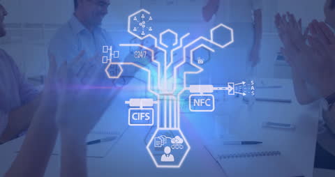 Digital Networking Icons Over Business Meeting Concept