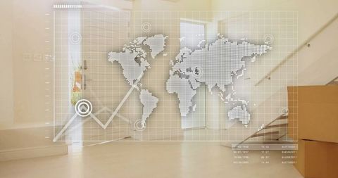 Digital world map with analytics overlaid on modern foyer