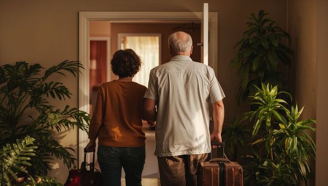 Senior couple walking into sunlit hallway carrying luggage and handbag