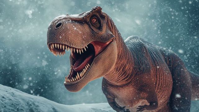 Roaring tyrannosaurus rex in snowstorm wilderness