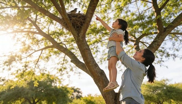 Mother lifting daughter reaching for bird nest in sunlit park, family bonding moment