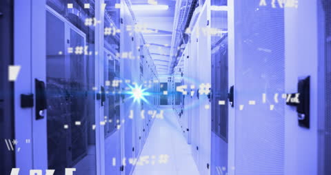 Futuristic Data Center with Digital Overlay and Lens Flare