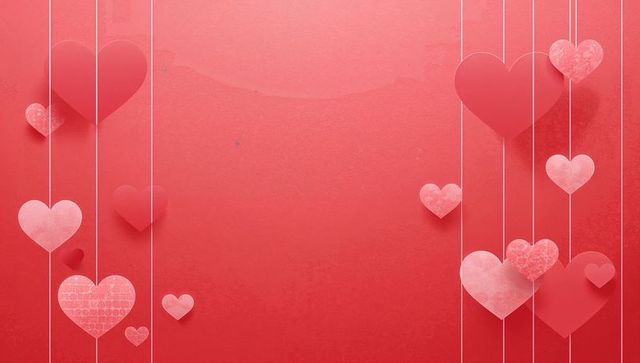 Hanging paper hearts decorating red backdrop for valentine greeting card and social banner