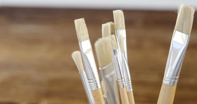 A collection of new paintbrushes with wooden handles stands ready for use, with copy space. Their bristles are clean, indicating they have yet to make their mark on a canvas.