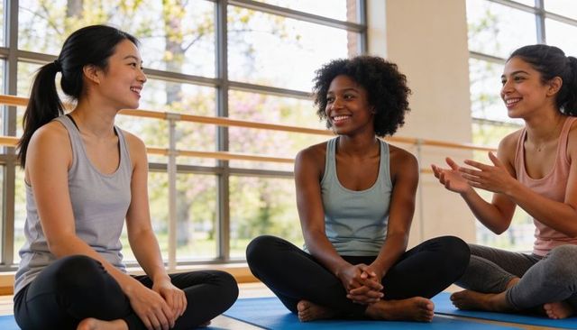 Three women chatting on yoga mats in bright studio, bonding after group workout