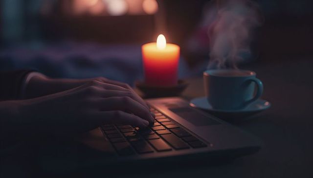 Cozy evening work setup with laptop and candle glow