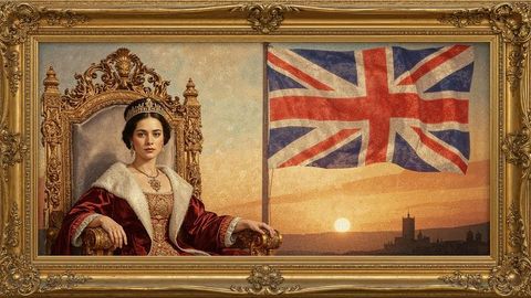Regal monarch on british empire gilded throne with union jack portrait