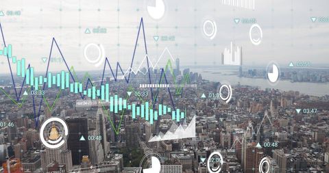 Digital Graph Interfaces Over New York Cityscape Sky