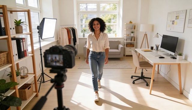 Content creator walking toward camera in bright minimalist home studio with wardrobe