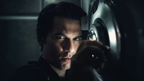 Focused technician inspecting high-security vault dial under dramatic lighting