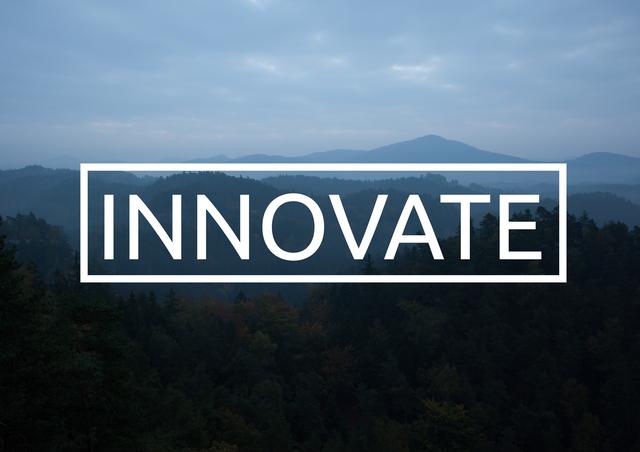 This image combines the powerful word 'Innovate' with a serene misty mountain background, making it perfect for motivational and inspirational materials. Ideal for marketing campaigns, presentations, social media posts, or websites that aim to encourage creativity and forward-thinking in a natural, peaceful setting.
