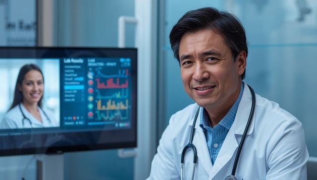 Smiling doctor conducting telemedicine consultation with digital vitals dashboard