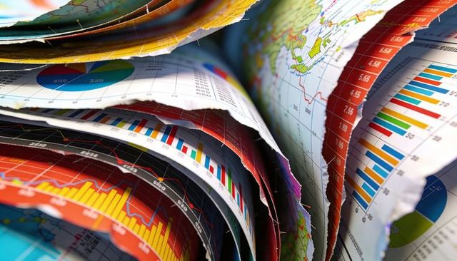 Displaying rolled maps and colorful infographics featuring layered charts and global data