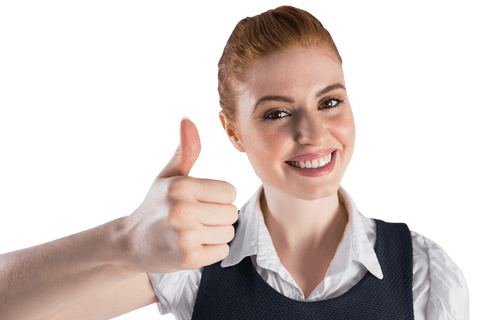 Redhead businesswoman smiling with thumbs up on transparent background