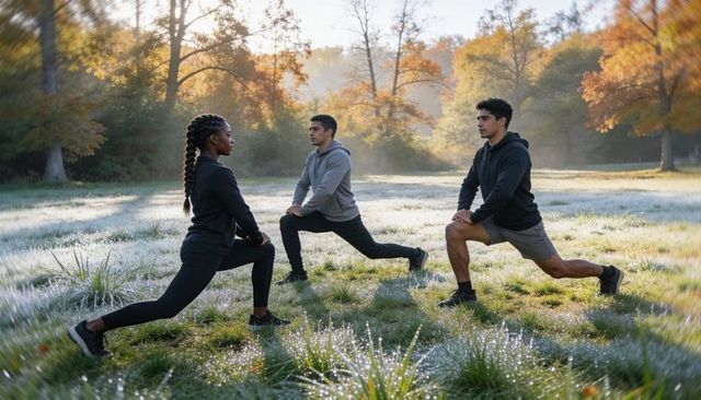 Misty sunrise outdoor workout: holding deep lunges in dewy autumn meadow with friends