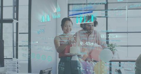 Diverse office team celebrating with cake while financial hud displaying charts and metrics