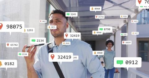 Business traveler speaking into smartphone walking through terminal notification overlays