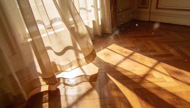 Sunlight streaming through sheer curtain onto herringbone parquet with golden dust motes