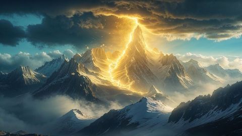 Golden fissure in dramatic god-like mountain landscape with storm clouds