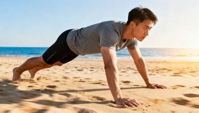 Sunrise beach workout man maintaining plank on sandy shore for core strength and balance
