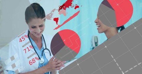 Clinicians collaborating with interactive healthcare data and infographics on tablet
