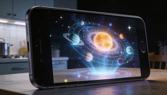 Smartphone projecting glowing holographic solar system over wooden table in modern kitchen