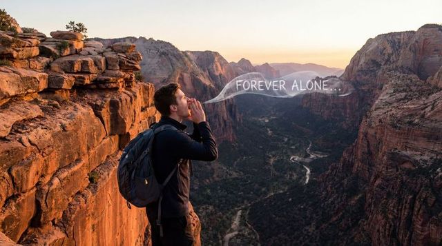 Calling hiker standing on red cliff sunset overlooking vast canyon with forever alone bubble
