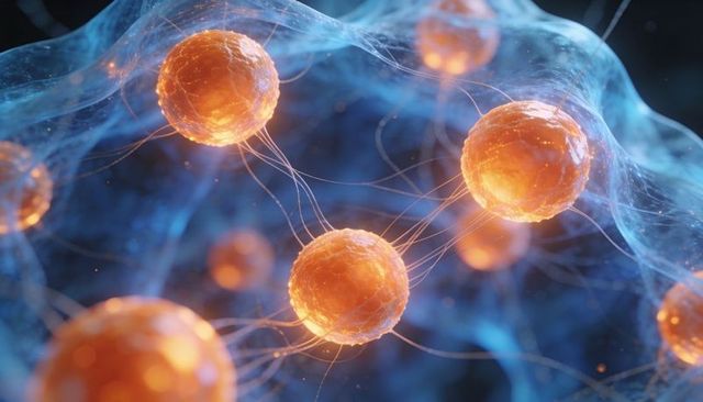 Glowing orange nanospheres connecting by fine filaments in translucent blue hydrogel network