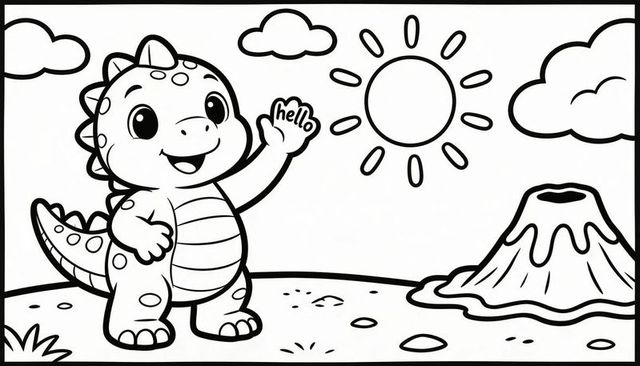 Waving baby dinosaur standing on plain with sun and volcano cute coloring page for kids