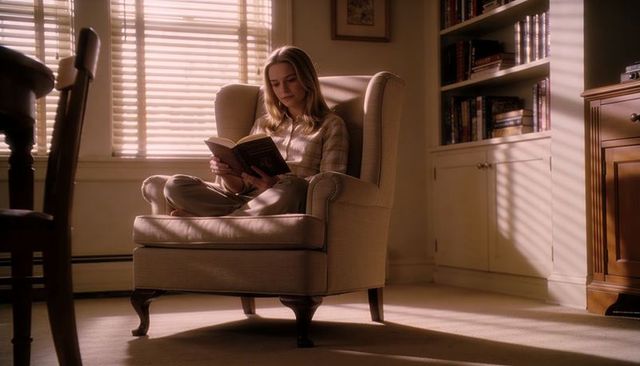Woman reading in sunlit wingback chair cozy home reading nook with bookshelves