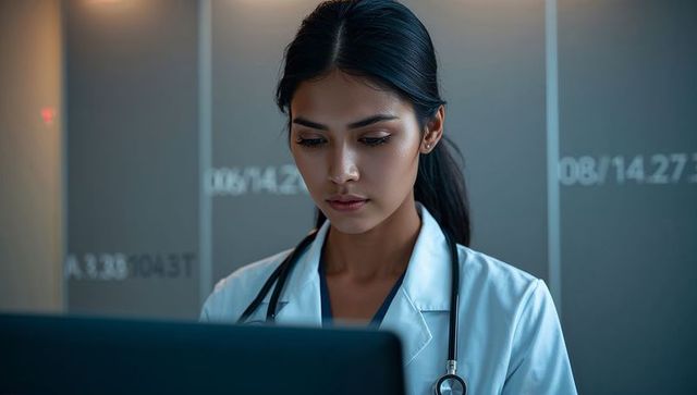 Young doctor reviewing medical data on monitor, wearing lab coat and stethoscope in modern clinic