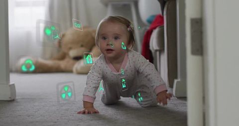 Crawling baby with futuristic eco-friendly icons
