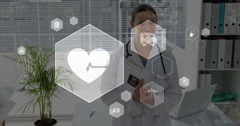 Doctor reviewing digital patient chart with augmented reality health icons and data interface