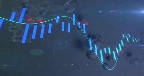 Charting holographic financial data with neon-cyan line and 3d spheres