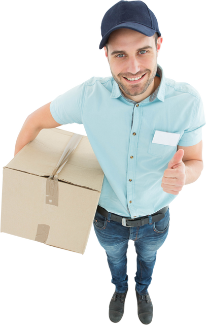 Transparent Smiling Delivery Man Holding Cardboard Box Giving Thumbs Up - Download Free Stock Videos Pikwizard.com