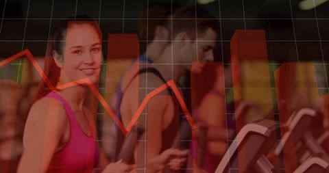 Smiling woman running on treadmill with analytics overlays and orange trend line, fitness motivation