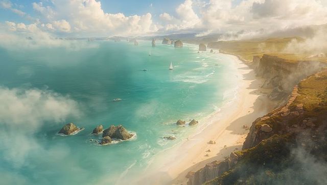 Turquoise ocean curving along sunlit cliffs with sailboats, sandy beach and sea stacks