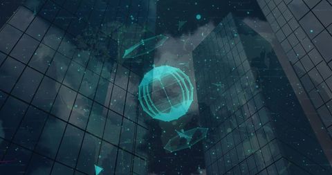 Digital network sphere over modern cityscape