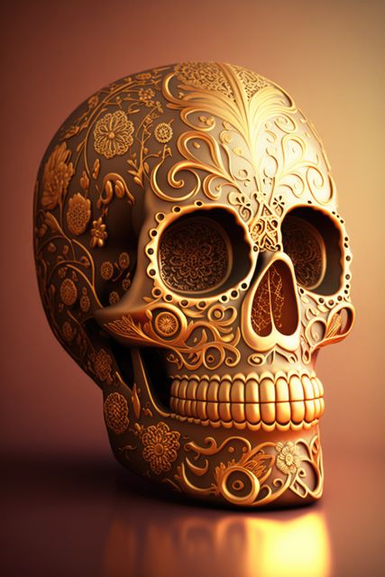 Golden skull adorned with detailed floral patterns creates an artistic and cultural representation. Commonly associated with Día de los Muertos (Day of the Dead), it combines aesthetics with cultural symbolism. Ideal for use in cultural festivals, art and design projects, or educational materials about Día de los Muertos.