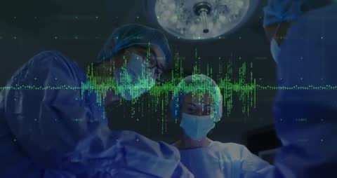 Surgeons in Operating Room Monitoring Vital Statistics with Data Overlay
