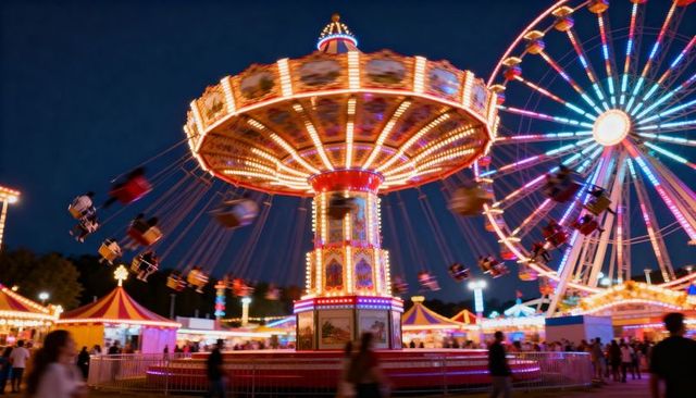 Vintage swing carousel spinning at night with illuminated ferris wheel and motion blur