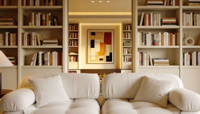 Cozy modern library living room with cream tufted sofa and illuminated art alcove