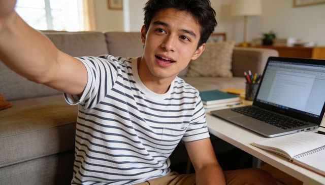 Teen studying at home reaching out while working on laptop and notes