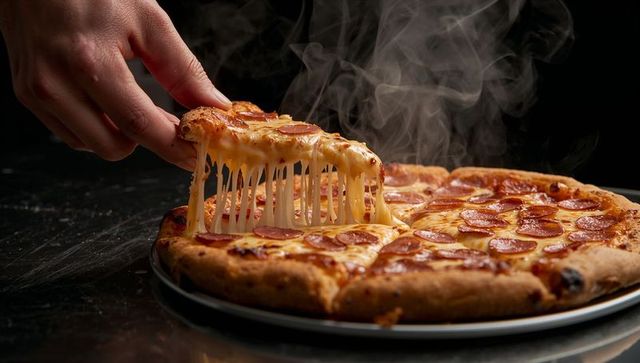 Pulling pepperoni pizza slice with stretching melted cheese and steam