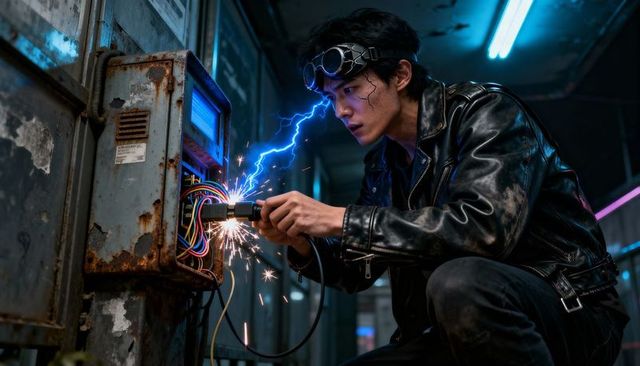 Cyberpunk asian technician repairing rusted electrical panel with blue arc sparks