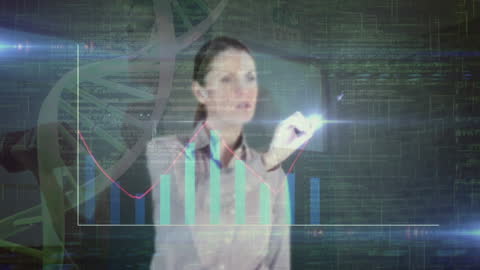 Businesswoman Analyzing DNA Data with Graph and Technology Interface