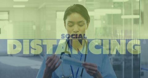 Healthcare Worker Preparing Mask with Social Distancing Message for COVID-19