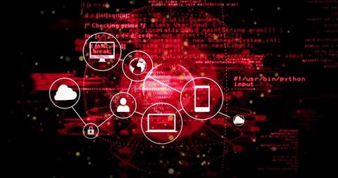 Red cyber globe with network icons representing cloud security, devices and data flow