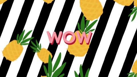 Vibrant Pineapples Falling with Wow Text Over Striped Background