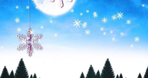 Swaying snowflake ornament over winter forest with glowing moon and sparkling stars